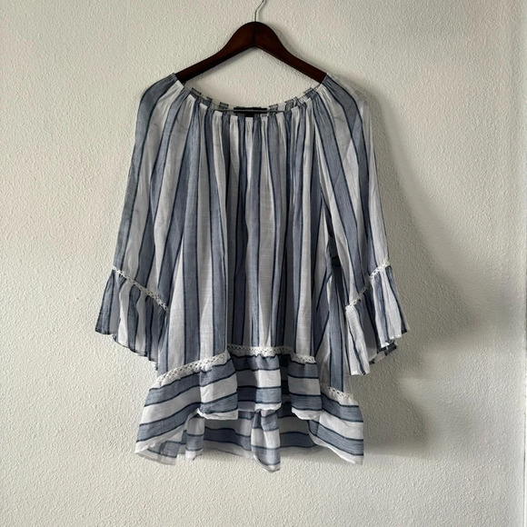 Off The Shoulder Stripe Eyelet Bell Sleeve Zac & Rachel Size 2X Plus Blouse - Picture 10 of 11